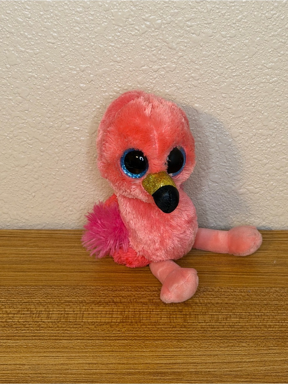 Plush Pink Flamingo Toy with Sparkle Blue Eyes and Gold Beak